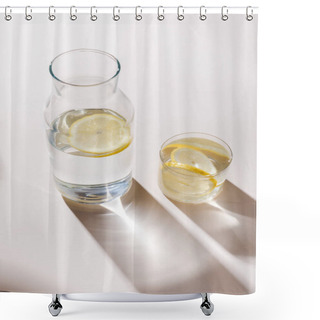 Personality  Fresh Water With Lemon Slices In Carafe And Glass On White Table With Shadows Shower Curtains