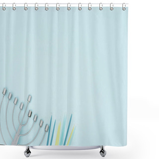 Personality  Top View Of Menorah And Candles Isolated On Blue, Hannukah Celebration Concept Shower Curtains