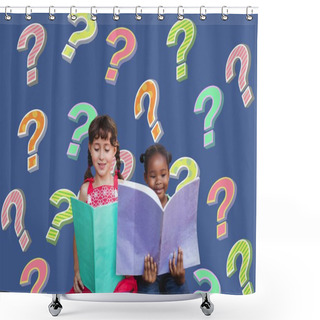 Personality  Digital Composite Of Kid Girls Reading And Learning With Funky Colorful Question Mark Shower Curtains