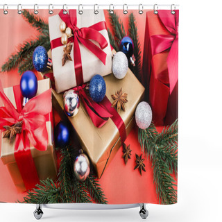 Personality  Gift Boxes With Baubles, Anise Stars And Pine Branches On Red Background Shower Curtains
