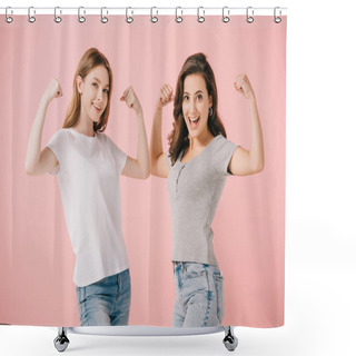 Personality  Attractive And Smiling Women In T-shirts Showing Muscles And Looking At Camera Isolated On Pink Shower Curtains