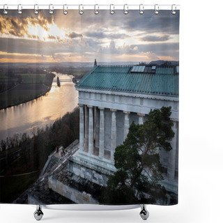 Personality  A Scenic Shot Of The Walhalla Memorial In Germany And A Lake That Goes In Front Of It Shower Curtains