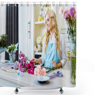 Personality  Beautiful Happy Female Florist In Apron Arranging Bouquet With Roses In Flower Shop  Shower Curtains