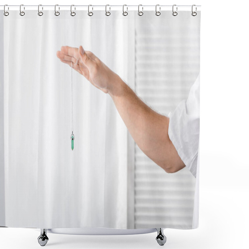 Personality  Cropped View Of Hypnotist Holding Green Stone In Clinic Shower Curtains