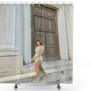 Personality  Full Length Of Trendy Woman Looking At Camera On Stairs Of Medieval Building In Venice Shower Curtains