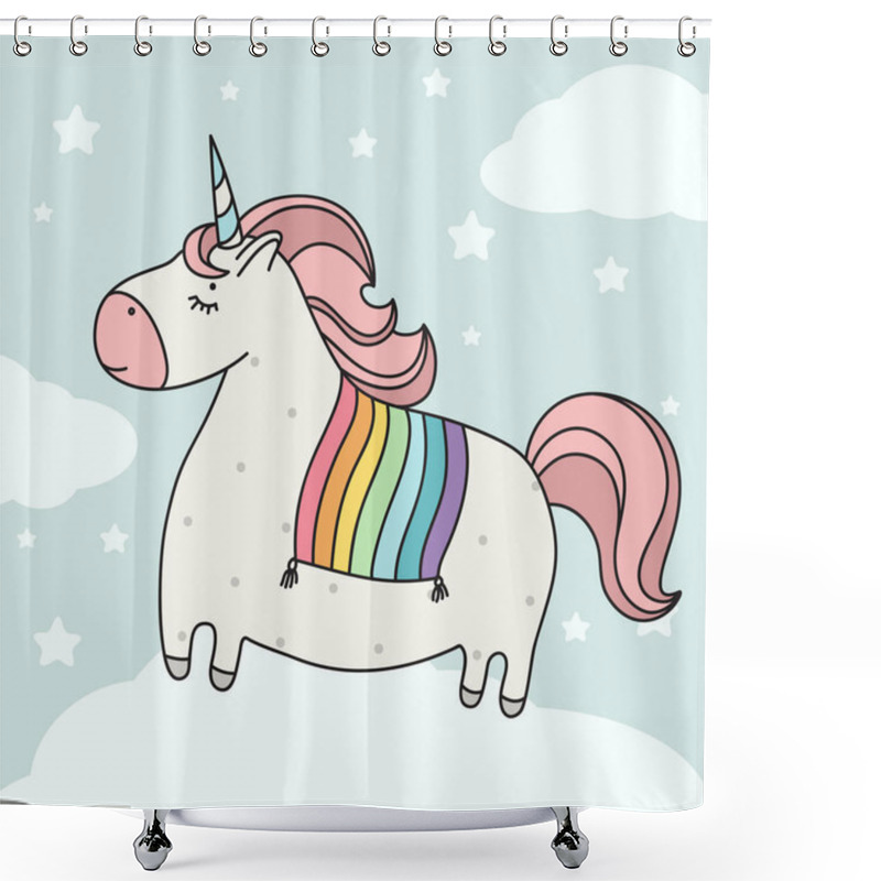 Personality  Cute Unicorn With Rainbow Horsecloth Stay On The Cloud. Cartoon Illustration. Doodle Art Of Magic Creature. Shower Curtains