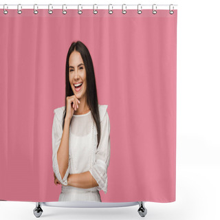 Personality  Happy Woman Touching Face And Laughing Isolated On Pink  Shower Curtains