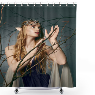 Personality  A Young Woman In A Stunning Blue Dress Adorned With A Crown, Embodying The Essence Of A Fairy Princess In A Studio Setting. Shower Curtains