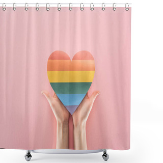 Personality  Partial View Of Female Hands With Rainbow Colored Paper Heart On Pink Background, Lgbt Concept Shower Curtains