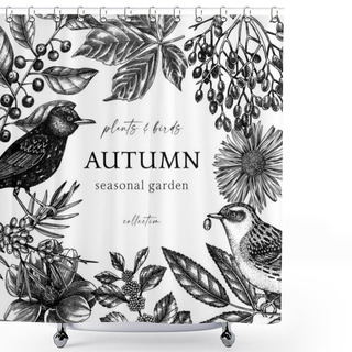 Personality  Hand-sketched Autumn Retro Frame. Elegant Botanical Template With Autumn Leaves, Berries, Flowers And Bird Sketches. Perfect For Invitation, Cards, Flyers, Menu, Label, Packaging. Autumn Birds Art. Shower Curtains