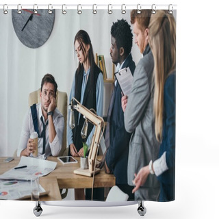 Personality  Group Of Young Managers Talking To Overworked Boss Shower Curtains