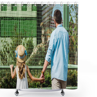Personality  Back View Of Daughter In Straw Hat And Father Holding Hands While Looking At Leopard In Cage  Shower Curtains
