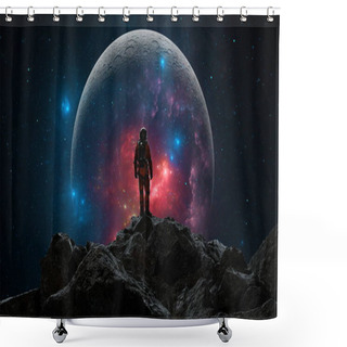 Personality  Astronaut Gazes At A Surreal Celestial Vista With A Vibrant Nebula Shining Through The Silhouette Of A Moon. 3d Render Shower Curtains