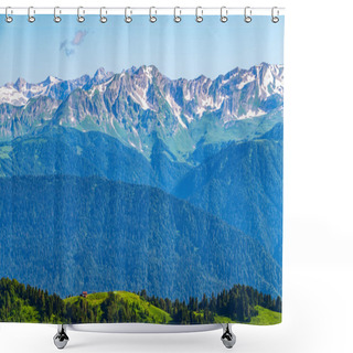 Personality  Green Mountain Ridges, Surrounded By High Mountains. Snow-capped Mountain Peaks On The Horizon. Layers Of Mountains In The Haze During Sunset. Krasnaya Polyana, Sochi,, Russia. Shower Curtains