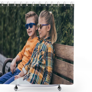 Personality  Little Kids Sitting On Bench At Park Shower Curtains