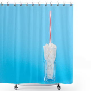 Personality  Glass With Straw And White Sugar Cubes On Blue Background With Copy Space Shower Curtains