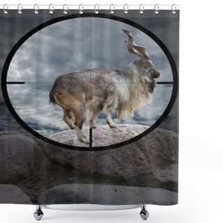 Personality  Male Turkmenian Markhor (Capra Falconeri Heptneri) In The Crosshair Of The Optical Sight Of The Hunter Shower Curtains