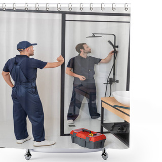 Personality  Worker Standing With Hand On Hip Near Plumber Checking Shower In Bathroom Shower Curtains