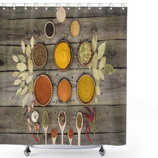 Personality  Bowls And Wooden Spoons With Different Spices Shower Curtains