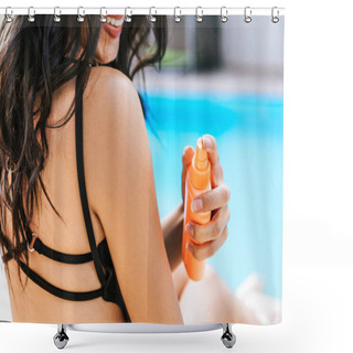Personality  Cropped Shot Of Smiling Young Woman Applying Sunscreen At Poolside Shower Curtains
