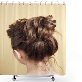 Personality  Rear View Of Female Hairstyle Medium Bun On Long Straight Brown Hair With Radical Volume. Shower Curtains