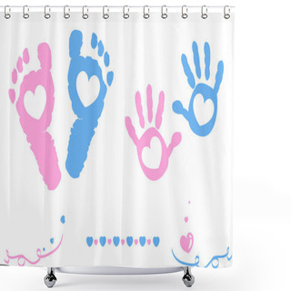 Personality  Twin Baby Girl And Boy Feet And Hand Print Arrival Card Shower Curtains