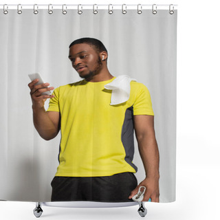 Personality  African American Sportsman With Earphone In Ear Using Smartphone On Grey Shower Curtains