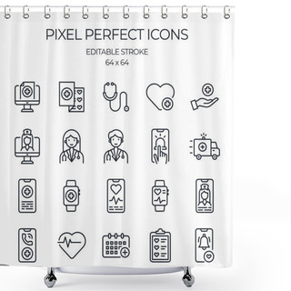 Personality  Telemedicine And Virtual Doctor Related Editable Stroke Outline Icons Set Isolated On White Background Flat Vector Illustration. Pixel Perfect. 64 X 64. Shower Curtains
