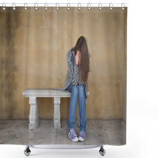 Personality  Lonely Woman Crying On The Bench Shower Curtains