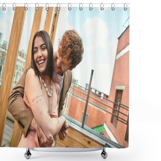 Personality  A Man Wraps His Arms Around A Woman In A Tight Hug On A Rooftop Overlooking The City, Expressing Love And Connection Shower Curtains