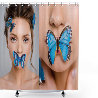 Personality  Collage Of Beautiful Girl With Decorative Butterflies On Mouth And Face Isolated On Grey  Shower Curtains