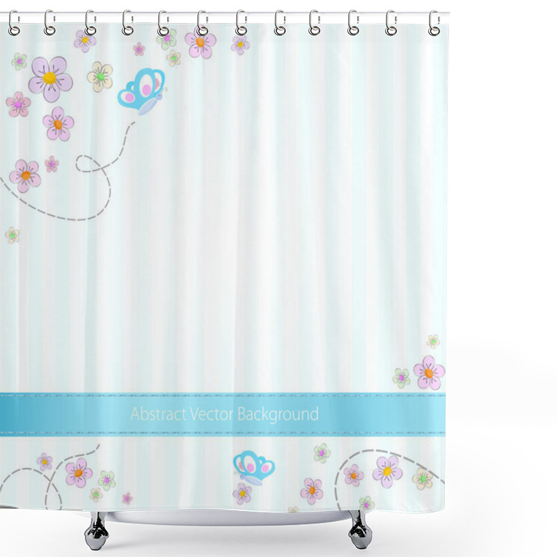 Personality  Vector Blue Striped Background With Butterflies And Flowers Shower Curtains