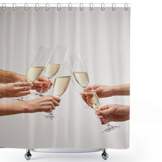 Personality  Cropped View Of Men And Women Toasting Champagne Glasses With Sparkling Wine Isolated On Grey  Shower Curtains