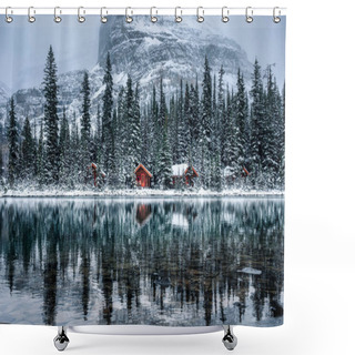 Personality  Wooden Lodge In Pine Forest With Heavy Snow Reflection On Lake O'hara At Yoho National Park, Canada Shower Curtains