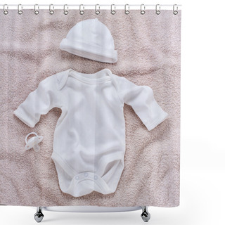 Personality  Bodysuit Near A Hat And A Pacifier For Babies Shower Curtains