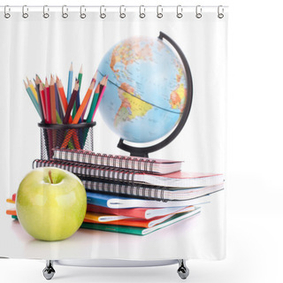 Personality  Globe, Notebook Stack And Pencils. Schoolchild And Student Studi Shower Curtains