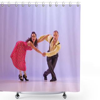 Personality  Meeting. Emotional Bright Couple Of Dancers In Colorful Retro Style Attires Dancing Incendiary Dances Isolated On Purple Background In Neon Light. Concept Of Art, 60s, 70s American Culture Shower Curtains