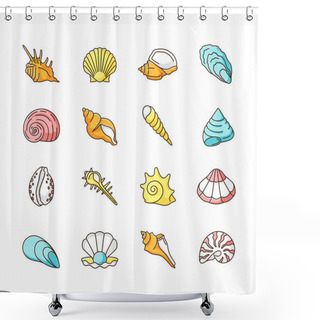 Personality  Seashells RGB Color Icons Set. Different Mollusk Shells, Conchology Decorative Ocean Souvenirs. Various Sea Shells Collection Isolated Vector Illustrations Shower Curtains
