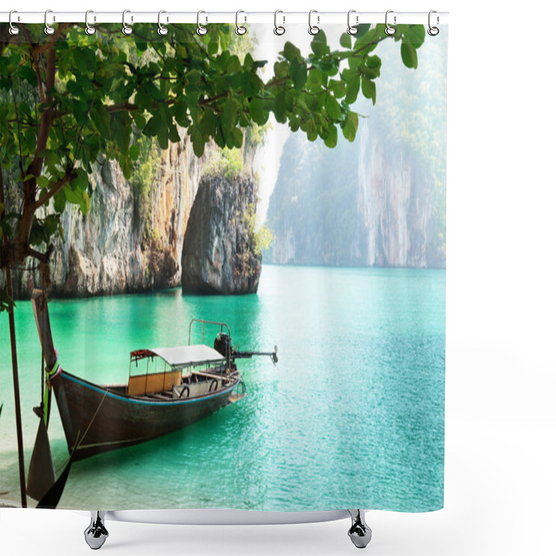Personality  Long boat on island in Thailand shower curtains