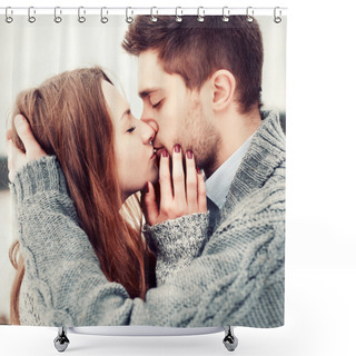 Personality  Young Couple Outdoor Portrait. Shower Curtains