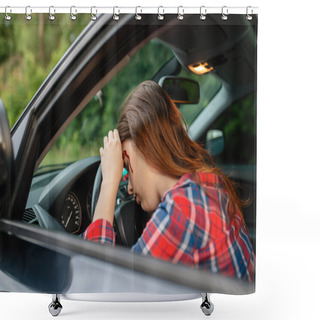 Personality  Female Driver With Blooded Face Sitting In The Car After Accident On Road. Automobile Crash, Blood On The Woman's Face. Broken Automobile Or Damaged Vehicle, Auto Collision On Highway Shower Curtains