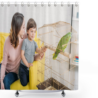 Personality  Happy Mother With Adorable Son Looking At Green Parrot In Bird Cage At Home Shower Curtains