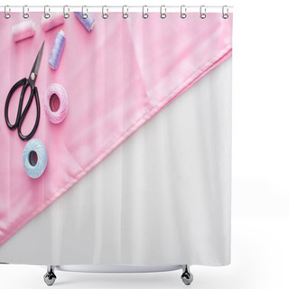 Personality  Top View Of Fabric, Knitting Yarn Balls, Scissors And Threads On White Background  Shower Curtains