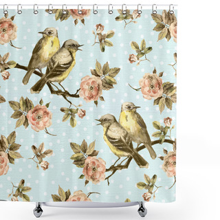 Personality  Vintage Seamless Background With Retro Birds In The Garden Shower Curtains
