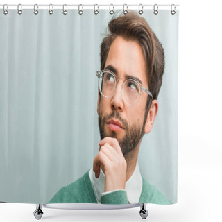 Personality  Young Handsome Entrepreneur Man Face Closeup Thinking And Looking Up, Confused About An Idea, Would Be Trying To Find A Solution Shower Curtains