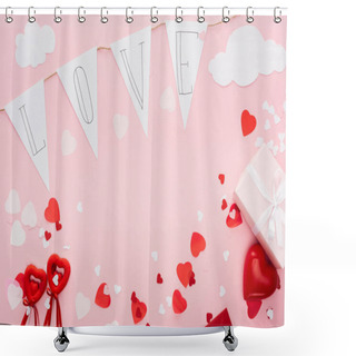 Personality  Top View Of Valentines Decorations And Paper Garland With 'love' Lettering Isolated On Pink With Copy Space, St Valentines Day Concept Shower Curtains