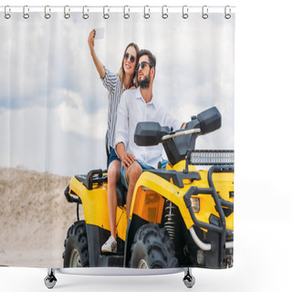 Personality  Attractive Young Couple Taking Selfie While Sitting On ATV In Desert Shower Curtains