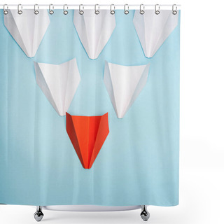 Personality  Top View Of Unique Red Paper Plane Among White On Blue Background Shower Curtains