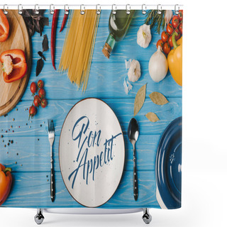 Personality  Top View Of Ingredients For Cooking Pasta On Blue Table, Bon Appetit Lettering Shower Curtains