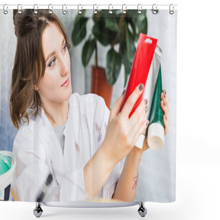 Personality  Young Creative Girl Choosing Paint In Light Studio Shower Curtains